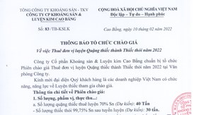 THÔNG BÁO TỔ CHỨC CHÀO GIÁ: Thuê đơn vị luyện Quặng thiếc thành Thiếc thỏi năm 2022