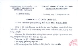 THÔNG BÁO TỔ CHỨC CHÀO GIÁ VV Thuê đơn vị luyện Quặng thiếc thành Thiếc thỏi năm 2022