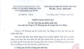 Thông báo chào giá vv Tiêu thụ sản phẩm thiếc thỏi sản xuất tại Công ty CP KSLKCB