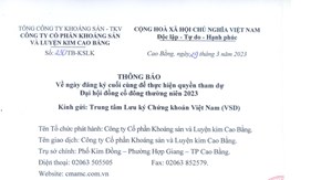 THÔNG BÁO VỀ NGÀY ĐĂNG KÝ CUỐI CÙNG ĐỂ THỰC HIỆN QUYỀN THAM DỰ ĐẠI HỘI ĐCĐTN2023