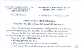 Thông báo tổ chức chào giá Thuê đơn vị luyện Quặng thiếc thành Thiếc thỏi năm 2023