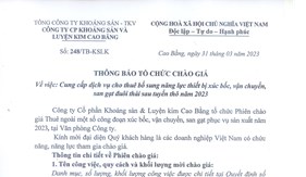 TB tổ chức chào giá vv: Cung cấp dịch vụ cho thuê bổ sung năng lực thiết bị xúc bốc, vận chuyển, san gạt đuôi thải sau tuyển thô năm 2023