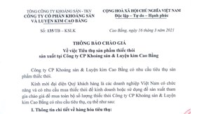 THÔNG BÁO CHÀO GIÁ V/V TIÊU THỤ SP THIẾC THỎI SX TẠI CÔNG TY