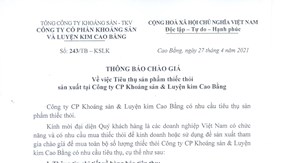 THÔNG BÁO CHÀO GIÁ: V/v Tiêu thụ sản phẩm thiếc thỏi sx tại Công ty cp KSLKCB