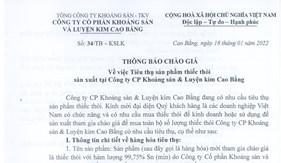 THÔNG BÁO CHÀO GIÁ V/V Tiêu thụ sản phẩm thiếc thỏi sản xuất tại công ty CP KSLKCB