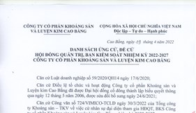 DANH SÁCH ỨNG CỬ, ĐỀ CỬ HĐQT, BAN KIỂM SOÁT NHIỆM KỲ 2022-2027