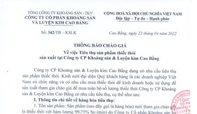 THÔNG BÁO CHÀO GIÁ VV Tiêu thụ sản phẩm thiếc thỏi sản xuất tại Công ty CP Khoáng sản & Luyện kim CB