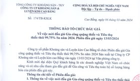 THÔNG BÁO TỔ CHỨC ĐẤU GIÁ Vv mời đấu giá GIa công thiếc và Tiêu thụ thiếc thỏi 99,75% Sn năm 2024. Phiên đấu giá ngày 13.3.2024